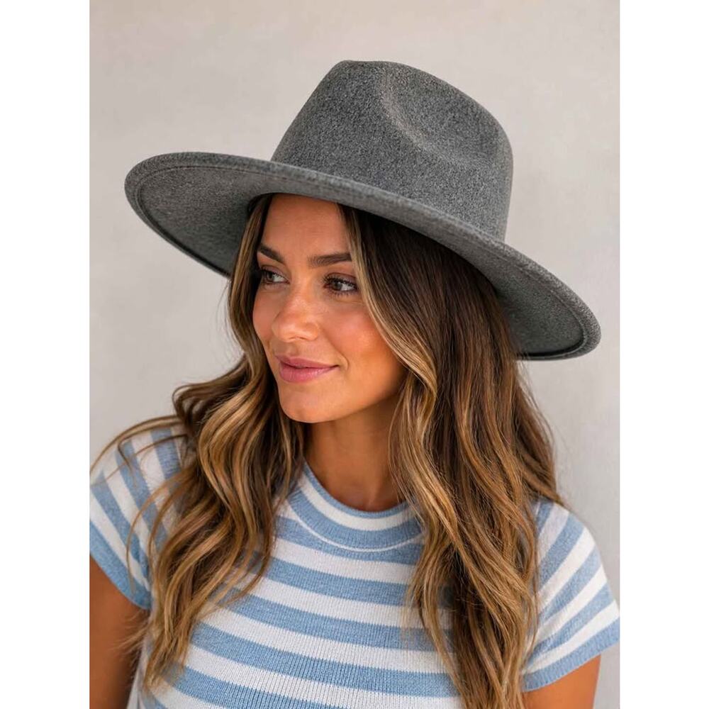 Gray Wide Brim Felt Fedora Hat Womens Boho Rancher Style